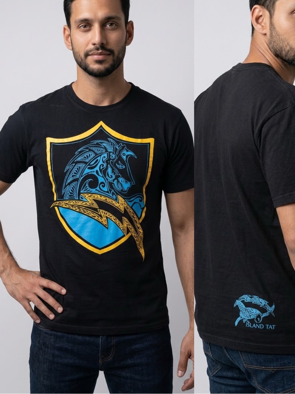 Island Tat Men's XL Tribal Shield Horse Graphic T-Shirt Black Gold